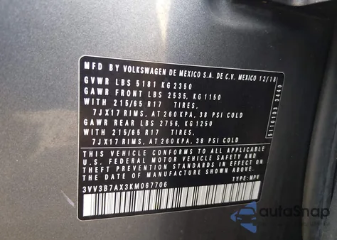 2019 Volkswagen Tiguan 2.0T Se/2.0T Sel/2.0T Sel R-Line/2.0T Sel R-Line Black z USA, uszkodzony, nr VIN 3VV3B7AX3KM067706